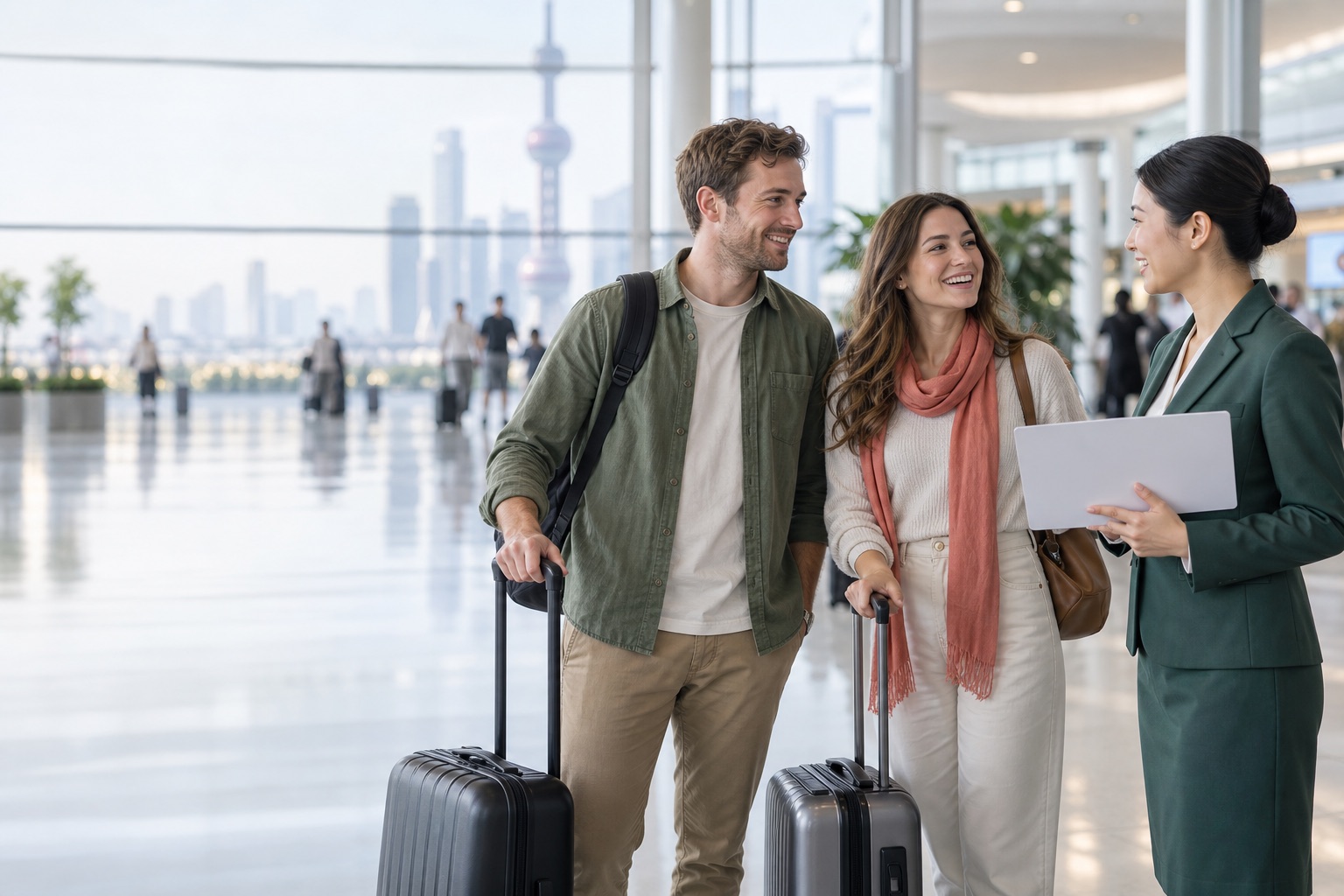 Illustrative scene of travelers meeting an English-speaking local host