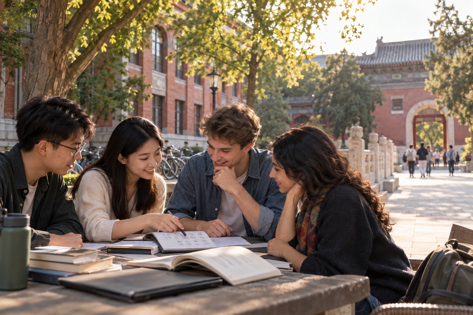 Illustrative scene of international and Chinese students practicing Mandarin together
