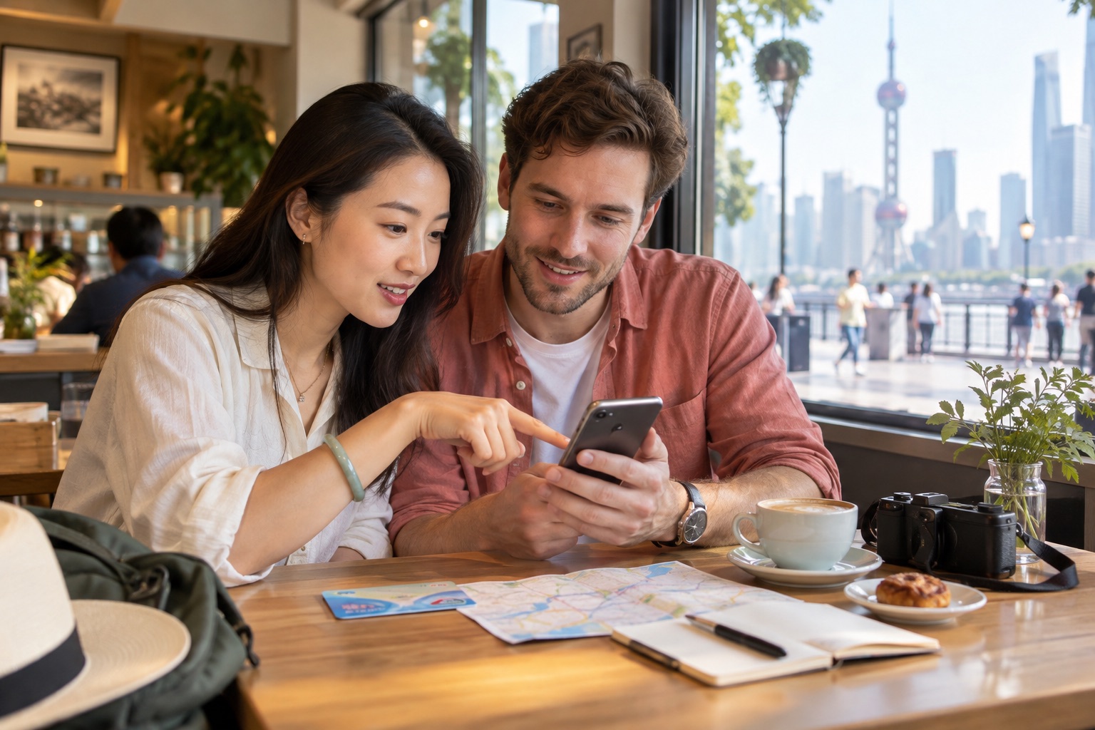 Illustrative scene of a local adviser helping a traveler with a smartphone